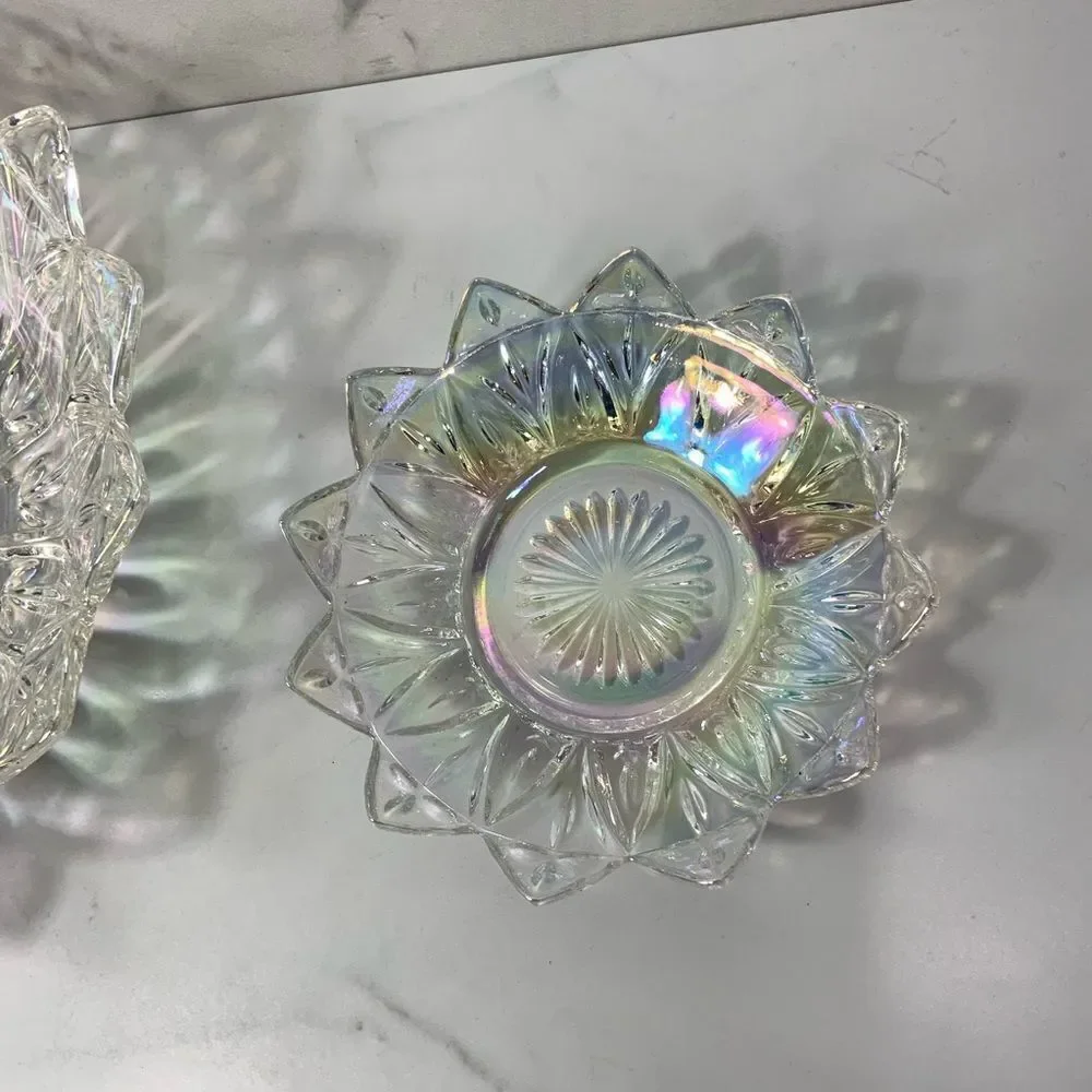 VINTAGE 60’s Federal Glass Iridescent Carnival Glass flower petal plate set